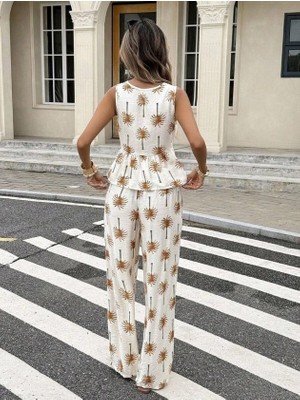 Cotton Lab Cottonlab Kadın Askılı V Yakalı Belden Bağlamalı Desenli Bluz ve Pantolon Ikili Takım