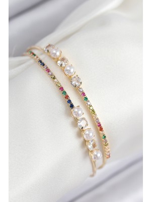 Tgzm Pirinç Zirkon Taşlı Inci Model Gold Renk Kadın Bileklik 5886 - TG0012-2QMH61