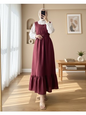 Moda Morfo Top Düğmeli Altı Fırfırlı Beli Kemerli  Jile Elbise -Bordo
