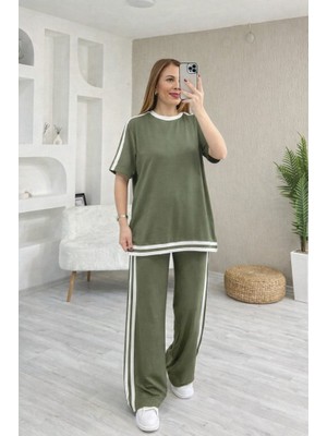 Jane's Janes Kadın Kısa Kollu Bisiklet Yaka Çift Renk Şerit Detaylı Viskon Iki Iplik Bluz ve Pantolon Ikili Takım
