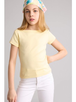 DeFacto Slim Fit Kayık Yaka Ribana Kısa Kollu Sarı Tişört Kız Çocuk G1147A826SM