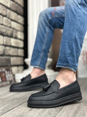 Perilice Store Periliçekeçe BA0154  Bağcıksız Yüksek Taban Cilt Siyah Renk Püsküllü Erkek Ayakkabı