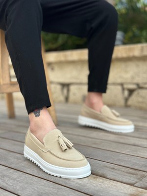 Perilice Store Periliçekeçe BA0154  Bağcıksız Yüksek Taban Keten Krem Renk Püsküllü Erkek Ayakkabı