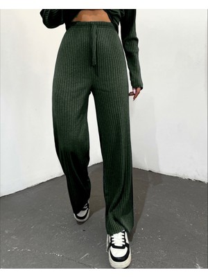Moda Morfo Bağcık Detaylı Salaş Fitilli Pantolon       -Zümrüt