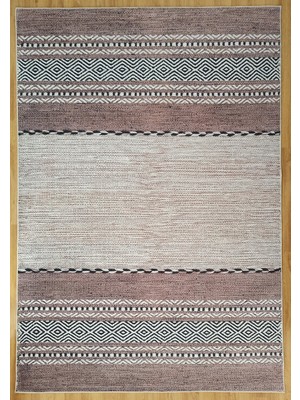 Pera Halı Etnik Kilim Desenli Kahverengi ve Bej Çizgili Bohem Halı - 12428OU
