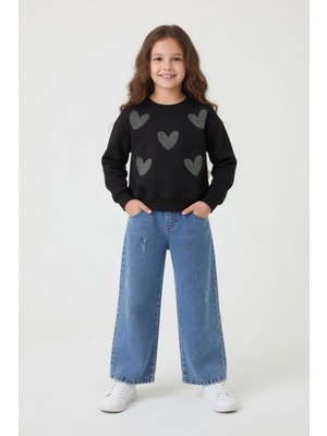 Cansın Mini Siyah Payetli Kalp Desenli Badili Jean Pantolonlu Kız Çocuk 2li Takım 24147