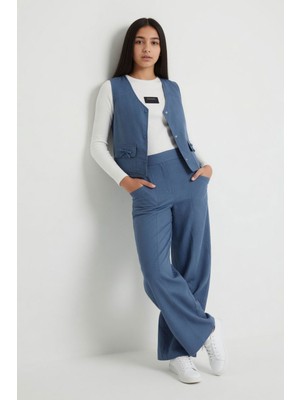 Cansın Mini Indigo Cepli Keten Yelekli Yüksek Bel Pantolonlu Badili Kız Çocuk Takım 24572
