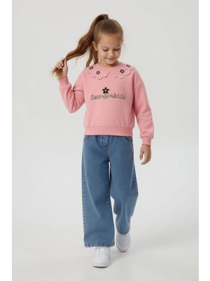 Cansın Mini Pembe Yakası Çiçek Nakışlı Badili Jean Pantolonlu Kız Çocuk Takım  24568