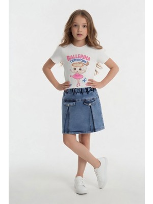 Cansın Mini Ekru Balerin Desenli Badili Jean Etekli Kız Çocuk 2li Takım 24565