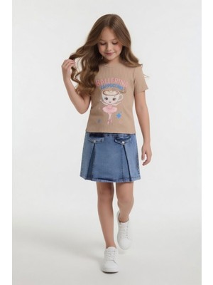 Cansın Mini Bej Balerin Desenli Badili Jean Etekli Kız Çocuk 2li Takım 24564