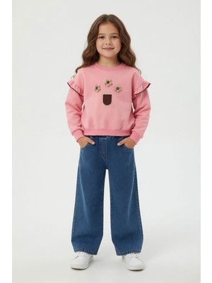 Cansın Mini Pembe Çiçek Nakışlı Fırfırlı Badili Jean Pantolonlu Kız Çocuk Takım 24555