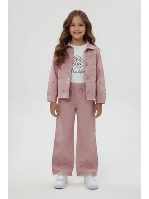 Cansın Mini Pembe Çiçek Nakışlı Ceketli Geniş Paça Pantolonlu Kız Çocuk 3lü Takım 24115