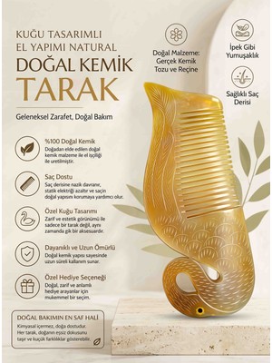 Wolawood Kuğu Desenli El Yapımı %100 Doğal Kemik Tarak Premium Natural Seri Saç Dostu Özel Üretim Sağlıklı Saç Bakım Koç Manda Boynuz Tarağı