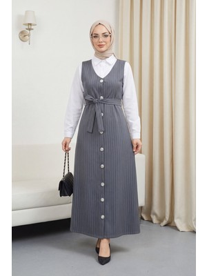 Moda Morfo Boydan Düğmeli Kuşaklı Çizgili Jile -Gri