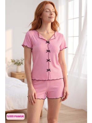 Çağrı Kadın Düğmesiz Fitilli Kumaş Fiyonklu %100 Pamuk Fırfır Kısa Kollu Mini Şortlu Pijama Takımı