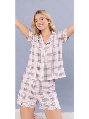 Flz Kadın Ekose Pijama Takımı Boydan Düğmeli Şortlu Viskon Yazlık Rahat Ev Giyim Dowry 86-61