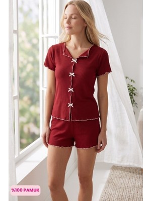Çağrı Kadın Bordo Düğmesiz Fitilli Kumaş Fiyonklu %100 Pamuk Fırfır Kısa Kol Mini Şortlu Pijama Takımı