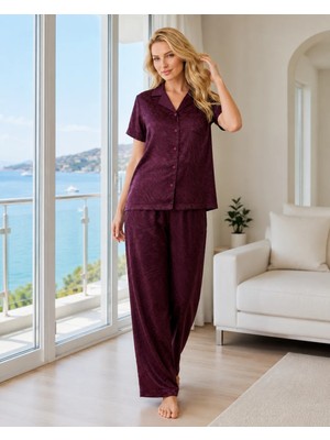Flz Kadın Boydan Düğmeli Saten Kumaşı Desenli Yazlık Pijama Takımı 88-138 88-138