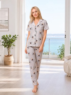Kadın Boydan Düğmeli Gömlek Yaka Sevimli Desenli Yazlık Pijama Takımı 78-112