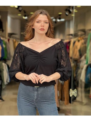 Zer Otantik Kolu Dantelli Büzgü Detaylı Bluz