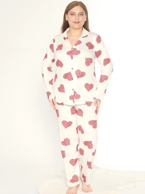 Boydan Düğmeli Battal Kalp Desen Uzun Kol Pijama Takım Mevsimlik Alperi B790-47