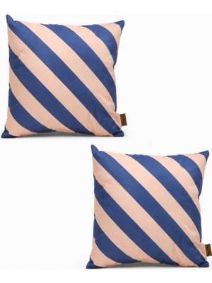 Mefaks Tekstil Çapraz Çizgili Babyface Kırlent Kılıfı 45X45 cm 2'li Set Gizli Fermuarlı Mavi - Krem