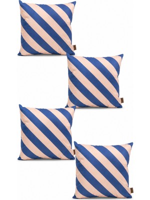 Mefaks Tekstil Çapraz Çizgili Babyface Kırlent Kılıfı 45X45 cm 4'lü Set Gizli Fermuarlı Mavi - Krem