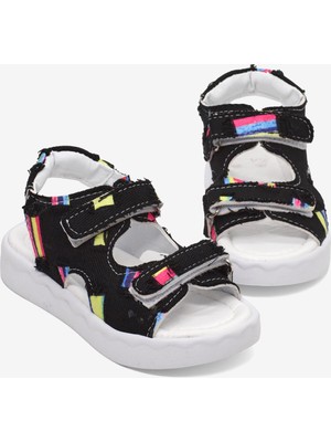 Tonny Black Çocuk Unisex Siyah Rahat Kalıp Renk Desenli Çift Cırtlı Sandalet