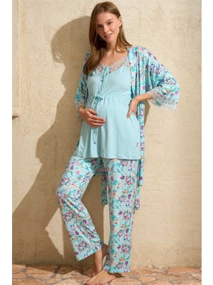 Pileli Store Pilelistore Ip Askılı V Yaka Kadın Çiçek Desenli Yazlık Dantel Detaylı Hamile Pijama Takımı Sabahlık Anıl 5775