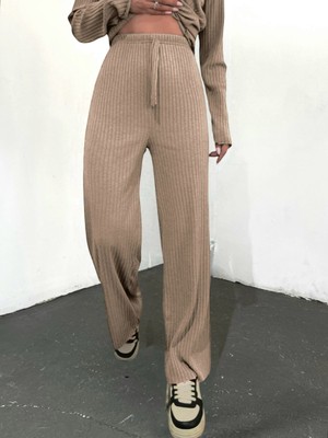 Moda Morfo Bağcık Detaylı Salaş Fitilli Pantolon      -Vizon