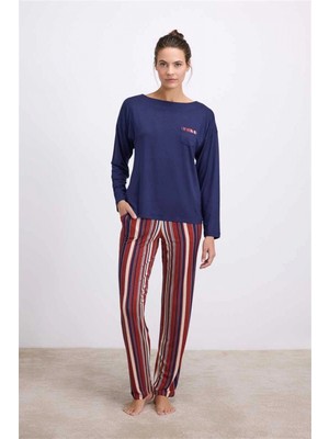 Pileli Store  Anıl  Lacivert Uzun Kollu T-Shirt ve Çizgili Pantolon Takımı (11577)