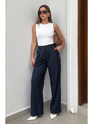 Madmext Lacivert Çizgili Yüksek Bel Palazzo Pantolon MG2820