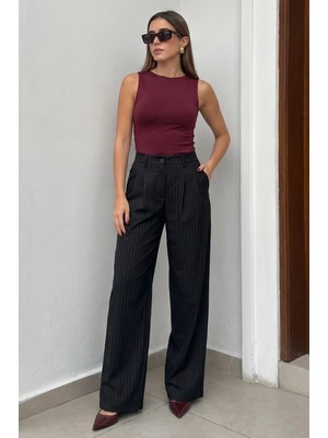 Madmext Siyah Çizgili Yüksek Bel Palazzo Pantolon MG2820