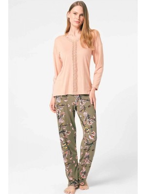 Pileli Store  Anıl 9843 Uzun Kol V Yaka Viskon Çiçek Desenli Kışlık Örme Normal Bel Dantel Detaylı Pijama Takımı