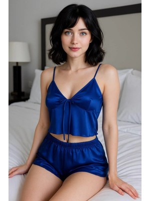 Pileli Store  Ince Askılı Mavi Saten Şortlu Takım