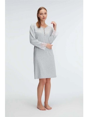 Pileli Store  Anıl 11312 Kol V Yaka  Polyester Elastan Düz Yazlık Örme Normal Bel Mini Dantel Detaylı Gecelik