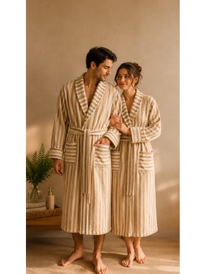 Packho Unisex Çizgili Şalyaka Pamuklu Bornoz - Kadın Erkek Otel Tipi Spa Banyo Sabahlığı ( 1 Adet )