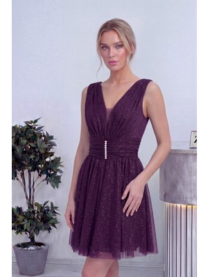 thezkscom Kadın Simli V Yaka Piliseli Taş Detaylı Mini Elbise Indigo, Mor, Siyah, Yeşil
