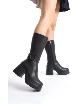 Shoegar Moki Siyah Cilt Topuklu Çizme