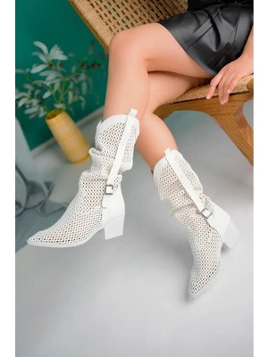 Shoegar Meria Beyaz Cilt Lazer Kesim Kovboy Topuklu Çizme