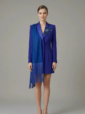 Crystalia Şal Yaka Püskül Detaylı ve Taş Işlemeli Mini Blazer Elbise