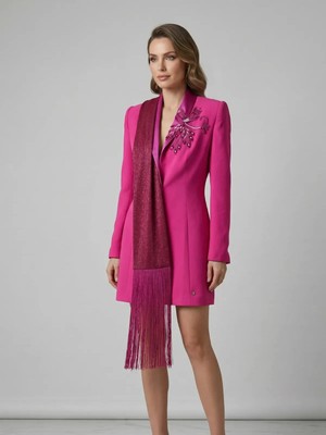 Crystalia Şal Yaka Püskül Detaylı ve Taş Işlemeli Mini Blazer Elbise