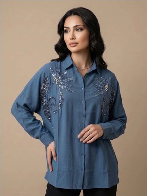 Crystalia Kot Mavisi Çiçek Motifli Payetli Şık Ofis Gömleği / Büyük Beden Uyumlu Oversize Tunik