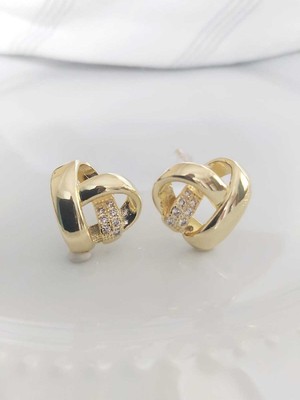 Devi Fashion Çelik Zirkon Taşlı Kalpli Sarmal Gold Küpe