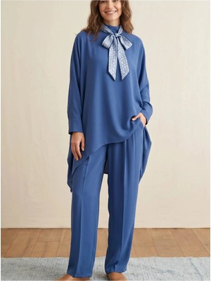 Crystalia Indigo Mavi Fular Detaylı Geniş Kalıp Ikili Takım - Tunik Pantolon Set