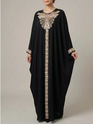 Crystalia Siyah Kelebek Nakış Detaylı Lüks Abaya & Kaftan Elbise