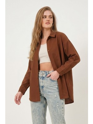 Norshen Kahverengi Oversize Uzun Basic Gömlek
