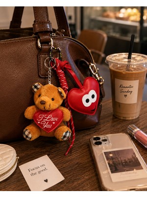 Biton Toptan 3 Lü Set Sevimli Ayıcık & Kalp Charm Anahtarlık Seti – Çanta Aksesuarı - Kedili Kanca