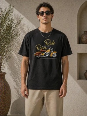 Uslucan Alışveriş Erkek Motosiklet Baskılı Tişört Bisiklet Yaka Kısa Kol Yazlık T-Shirt - Siyah