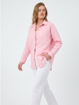 Norshen Toz Pembe Oversize Uzun Basic Gömlek